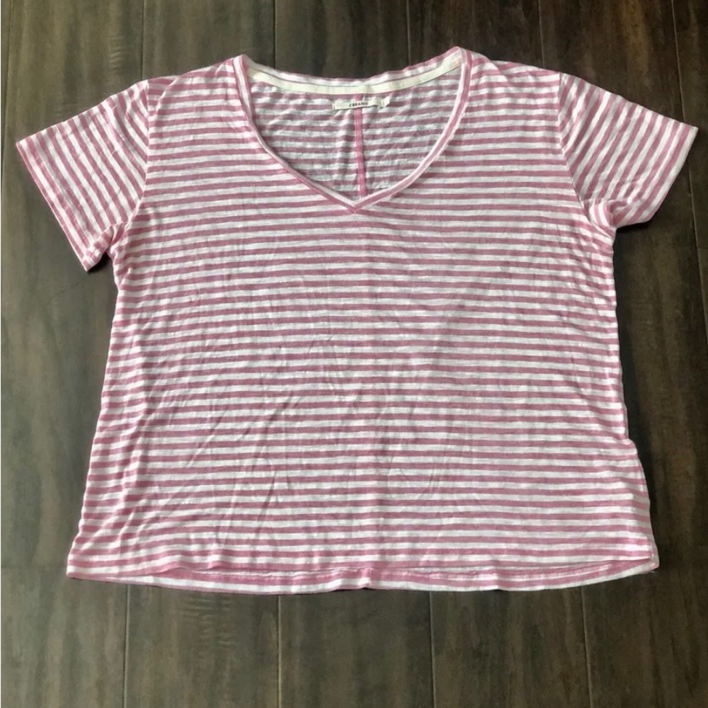 J Brand Pink & White Striped Tee - Semi-Sheer V-Neck Short Sleeves - Size Medium